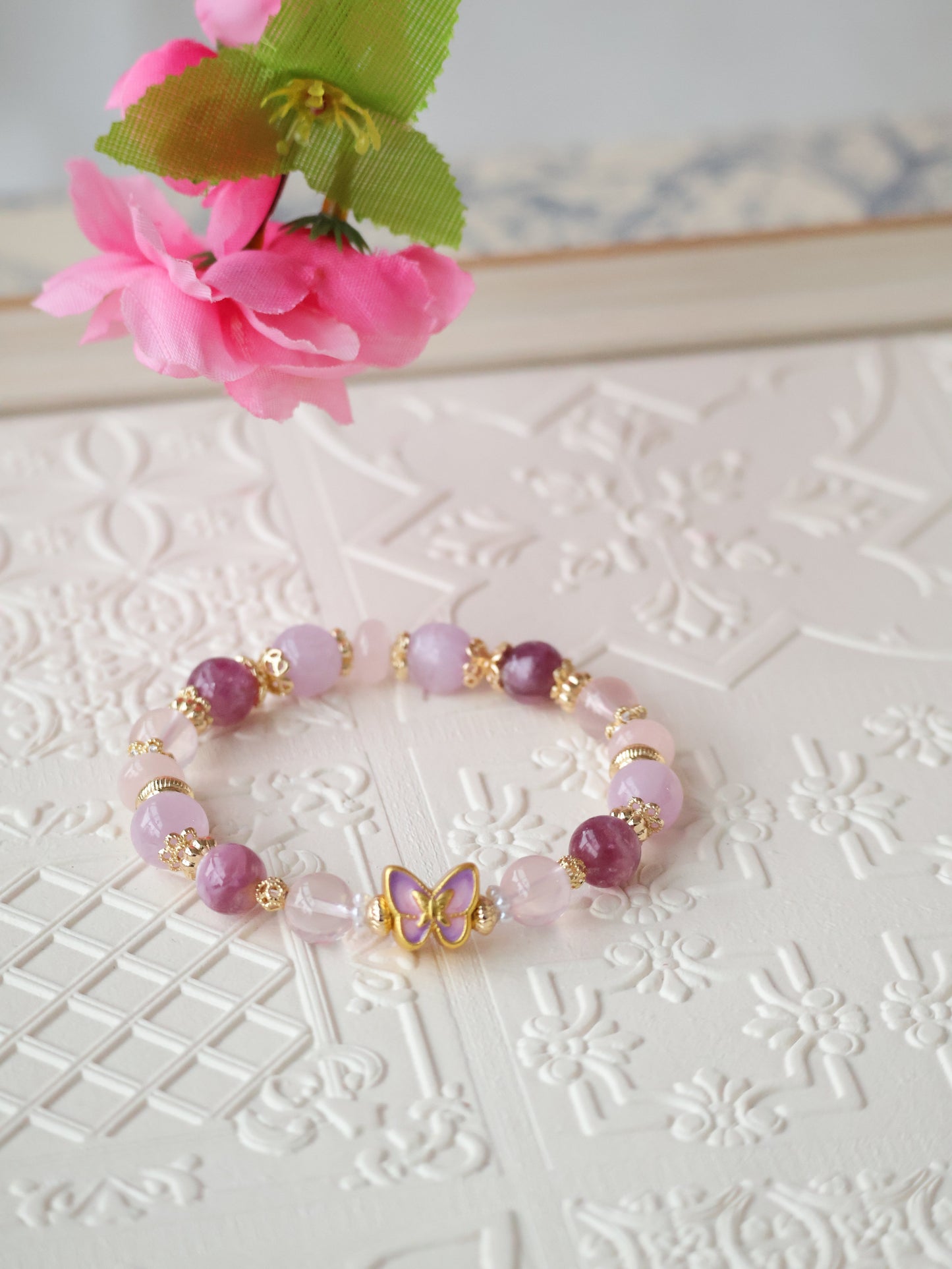 LunaLuss Customs - Pink Purple Emerald Mica, Kunzite, Rose Quartz & Rose Quartz Rondelle with Purple Butterfly Charm Crystal Bracelet