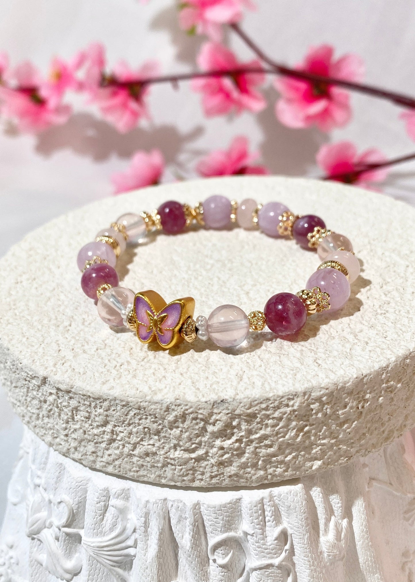 LunaLuss Customs - Pink Purple Emerald Mica, Kunzite, Rose Quartz & Rose Quartz Rondelle with Purple Butterfly Charm Crystal Bracelet