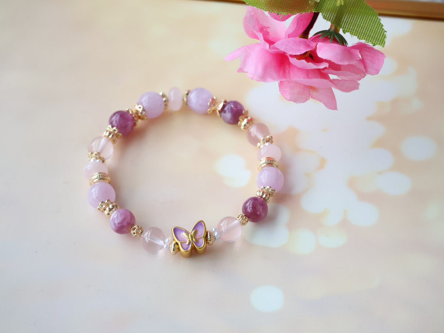 LunaLuss Customs - Pink Purple Emerald Mica, Kunzite, Rose Quartz & Rose Quartz Rondelle with Purple Butterfly Charm Crystal Bracelet