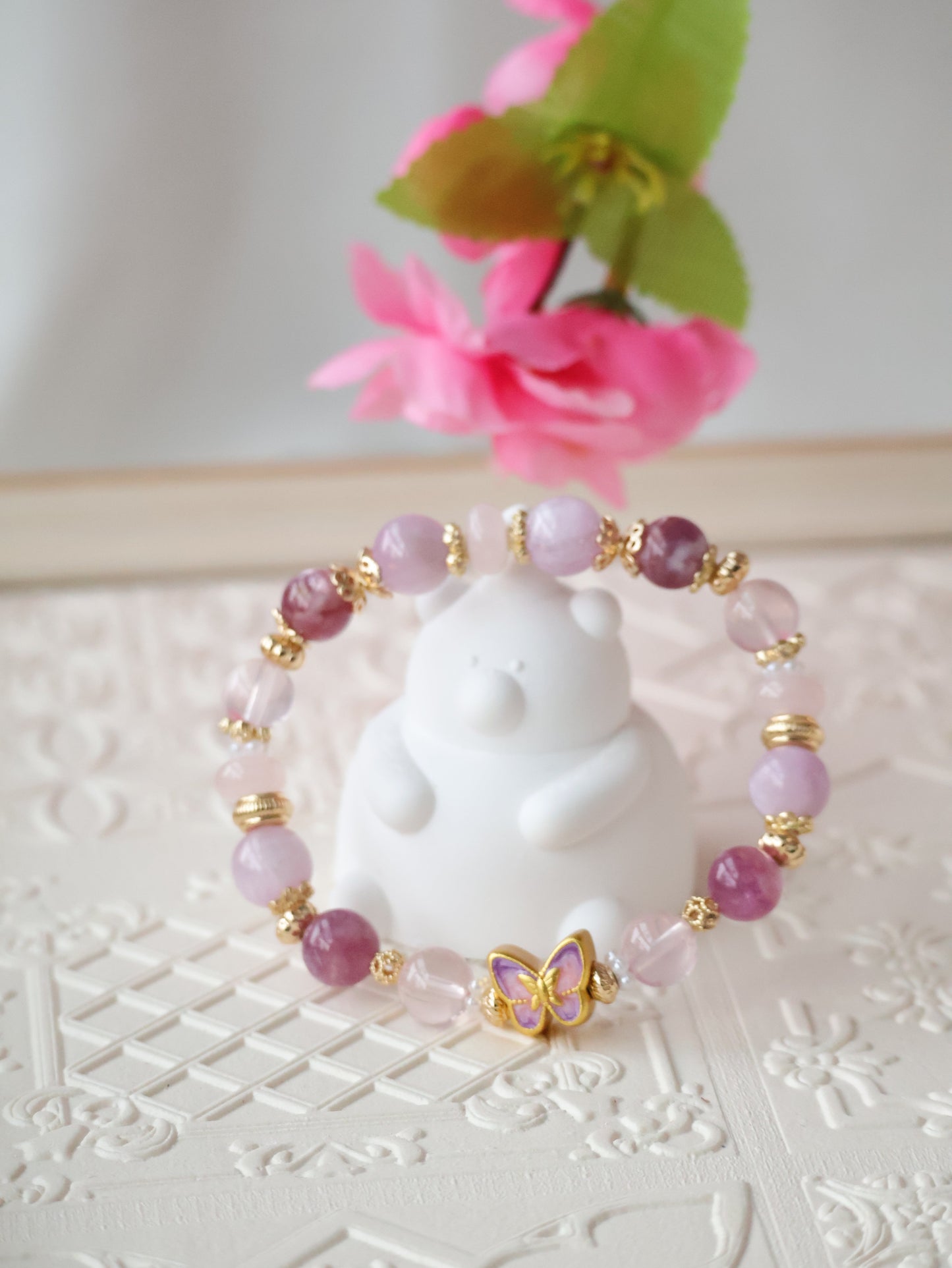 LunaLuss Customs - Pink Purple Emerald Mica, Kunzite, Rose Quartz & Rose Quartz Rondelle with Purple Butterfly Charm Crystal Bracelet