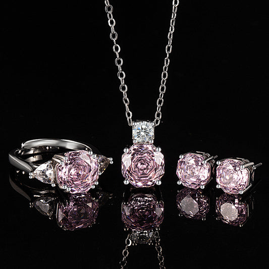 Rose high carbon diamond ring, earring and pendant three-piece set