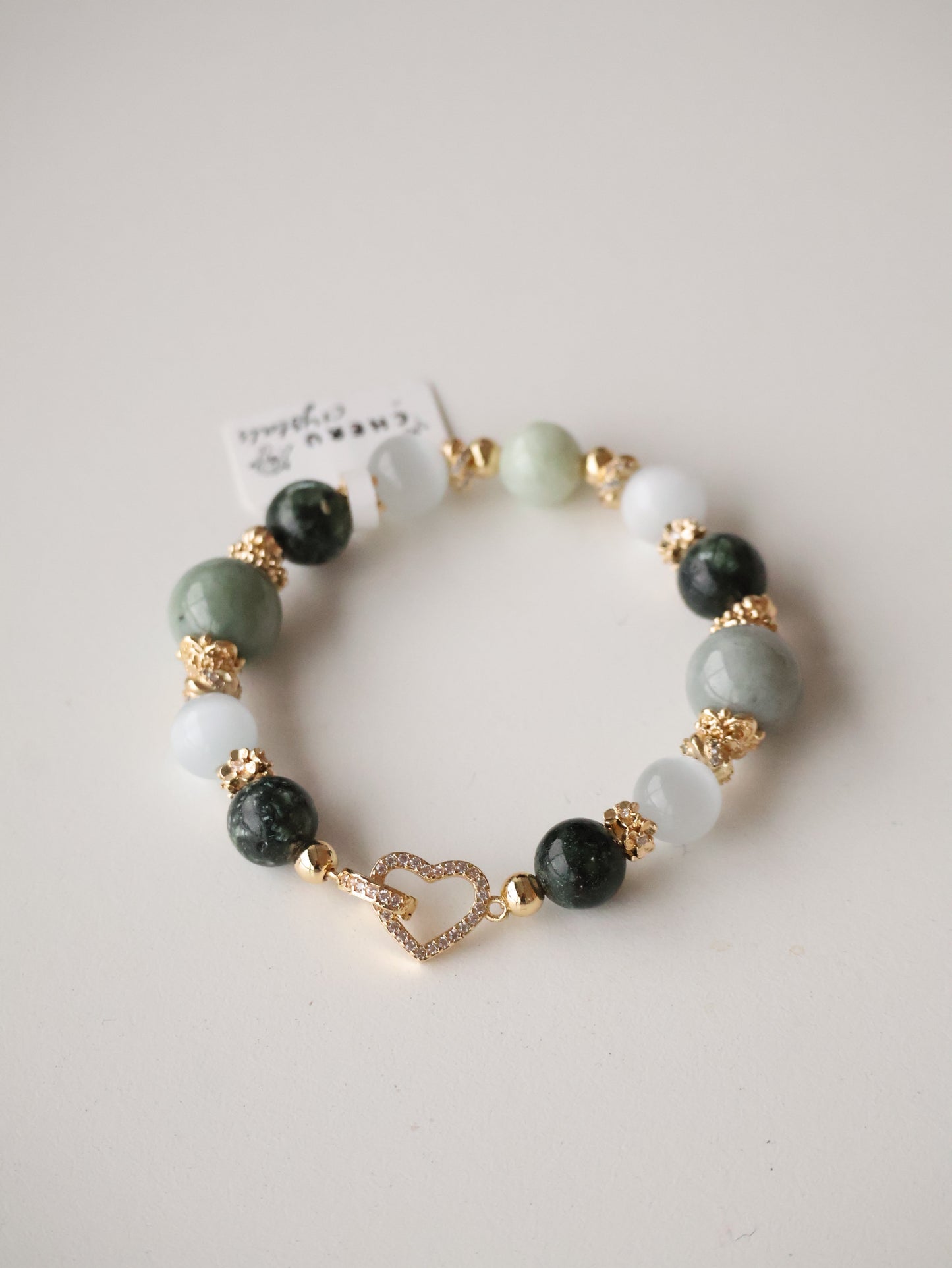 Light Green Jadeite, Cat Eye, Seraphinite & Wuji Jadeite with Heart Clasp