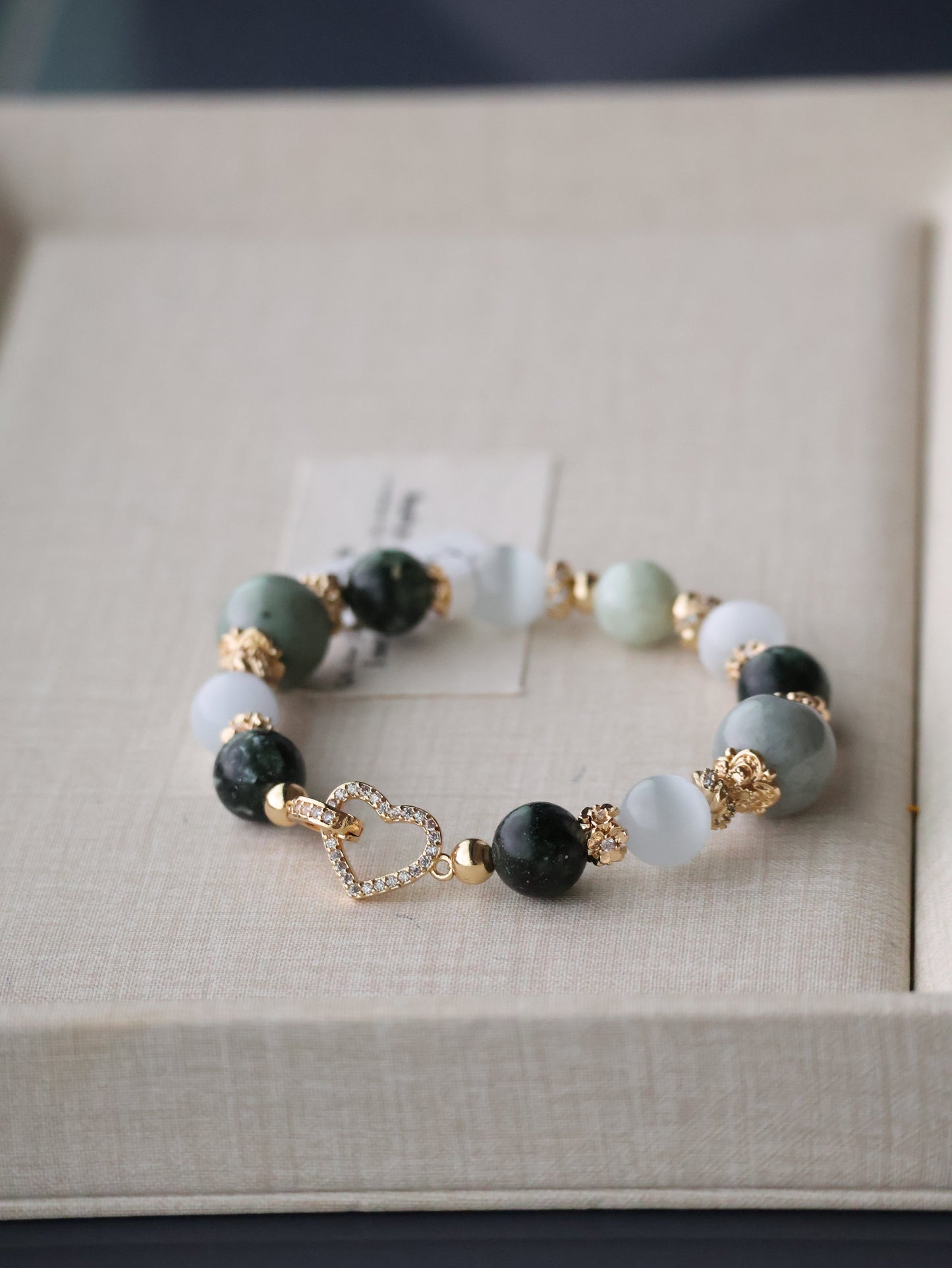Light Green Jadeite, Cat Eye, Seraphinite & Wuji Jadeite with Heart Clasp